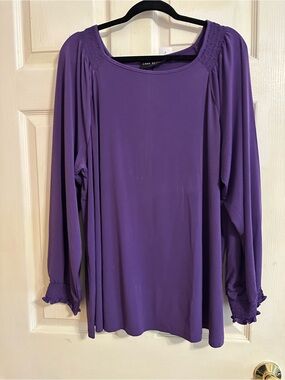 Lane Bryant Purple Long-Sleeve Smocked Neck & Cuff Top